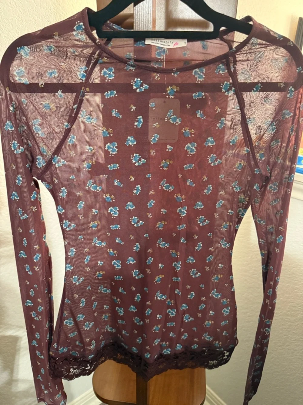 Free People intimately Sheer Burgundy Floral Mesh Long Sleeve Top -#014S - Picture 1 of 3